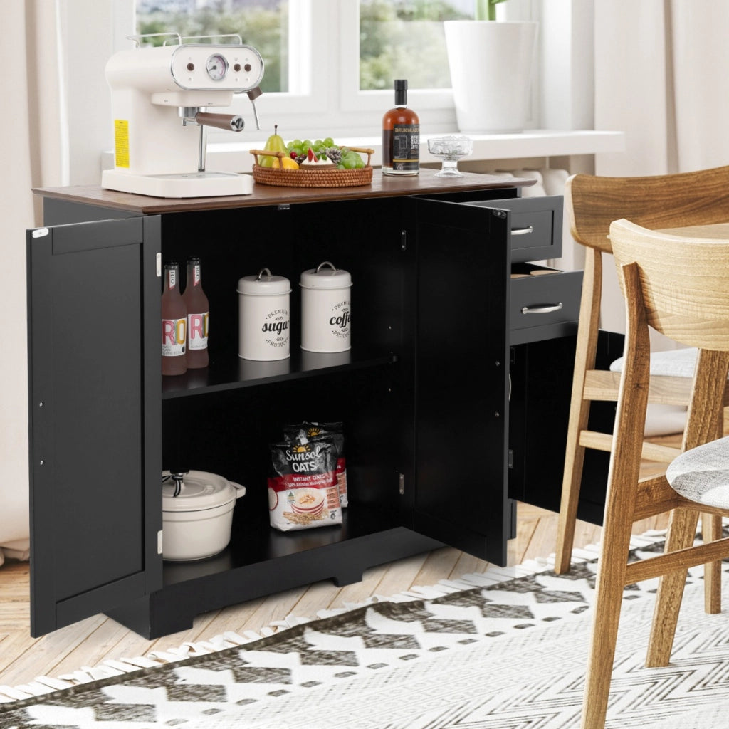 Armadio di stoccaggio moderno con 2 ante e 2 cassetti, Credenza buffet con ripiano regolabile per cucina Nero-Credenze buffet
