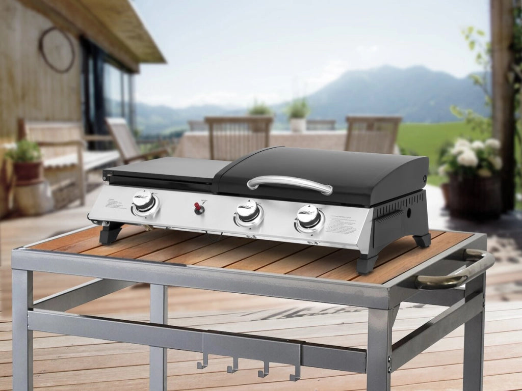 Plancha a gas con coperchio "Rasio" - 7,5 KW - 3 fuochi - Nera