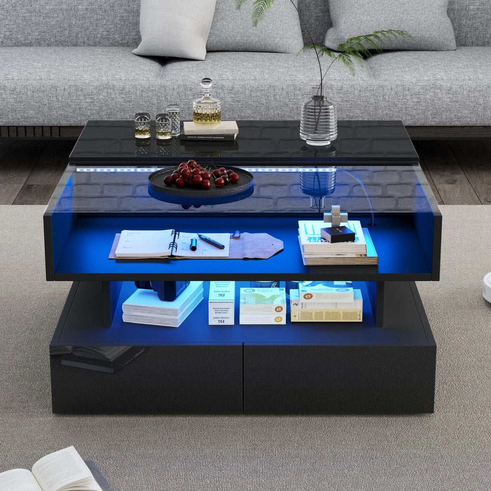 Tavolino da Caff¨¨ con LED e 2 Cassetti ¨C MINIMAL ¨C Vetro Temperato, Nero, 80x80x45