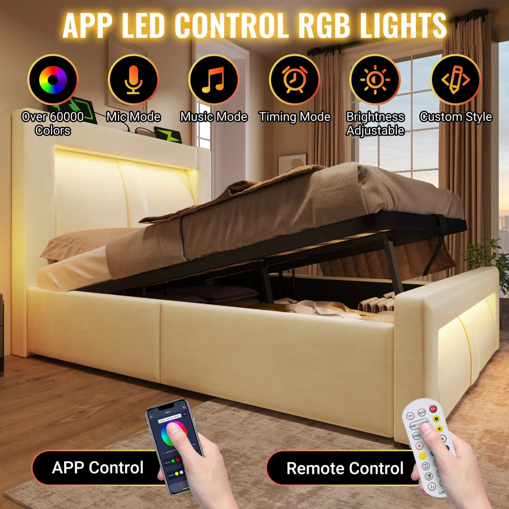 Letto matrimoniale contenitore 140 × 200 cm con testiera curva in velluto beige LED USB e Type-C