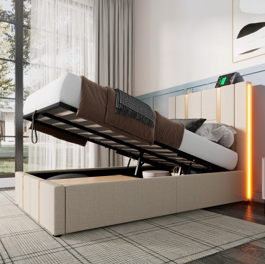 Letto singolo imbottito 90x200 cm con contenitore; USB Tipo C; LED RGB; beige