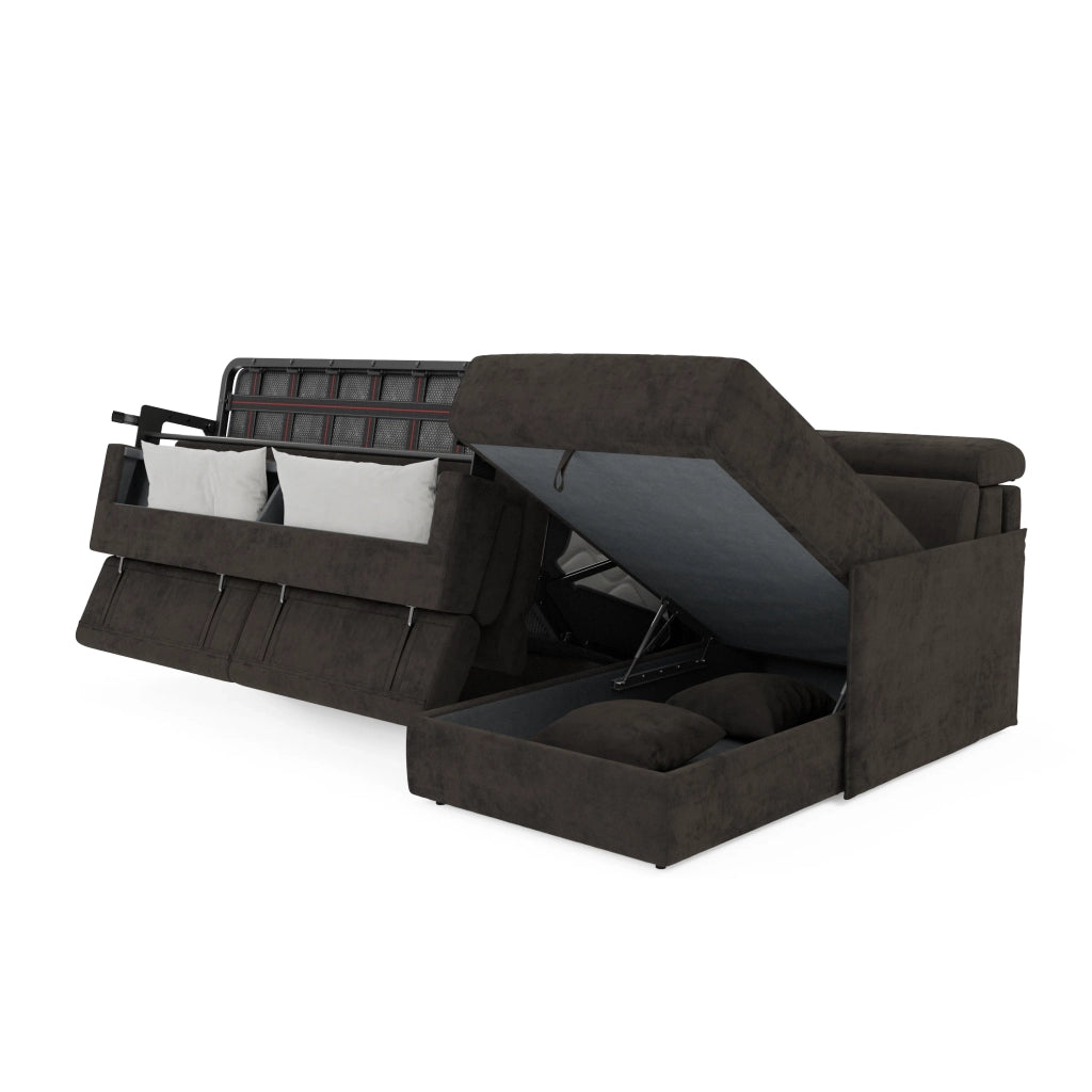 Miryam divano letto angolare compatto - poggiatesta reclinabili e penisola contenitore in tessuto smacchiabile T31 272 cm sinistro nero fumo