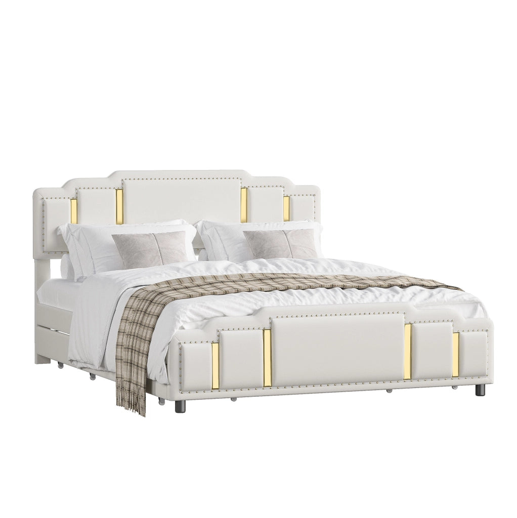 Letto imbottito 140 x 200 cm in velluto beige con LED, 4 cassetti e finiture oro
