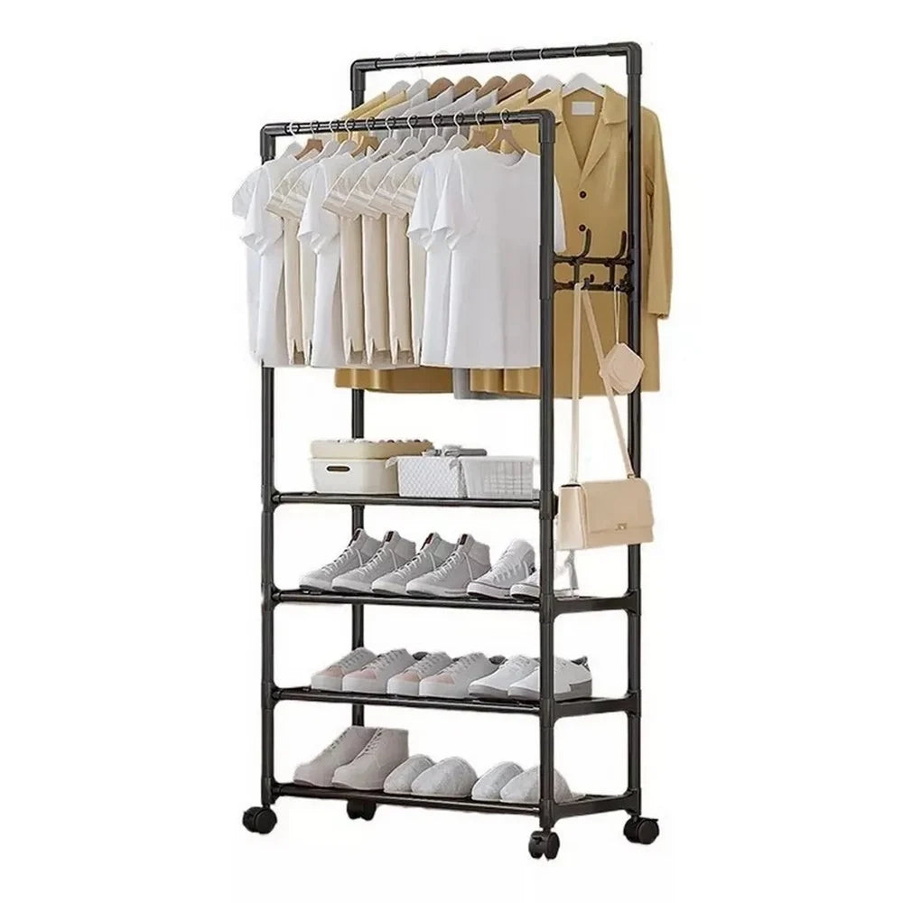 Trade Shop - Stand Appendiabiti Doppio Con Ruote Da Terra Per Abiti Scarpe Salvaspazio Nero -