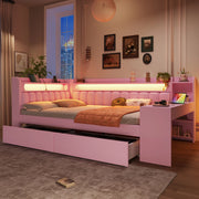 Letto Imbottito con Scrivania e 2 Cassetti, LED e USB ¨C MINIMAL ¨C 140x200 Rosa