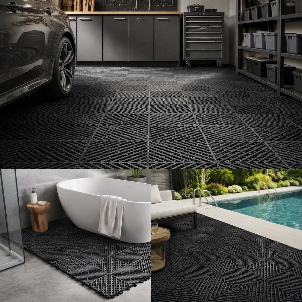 Set Di Tappetini Di Drenaggio Ad Incastro 55 Pezzi, Set Di Piastrelle 31 X 31 Cm Per Pavimentazioni Da Garage Antiscivolo Materiale In PP Modulare Da Garage Officina Cucina Piscina, Nero