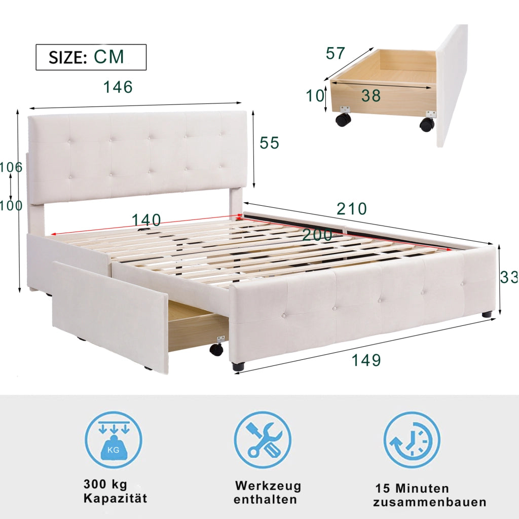 Letto imbottito con 4 cassetti e supporto a doghe; struttura in acciaio; beige