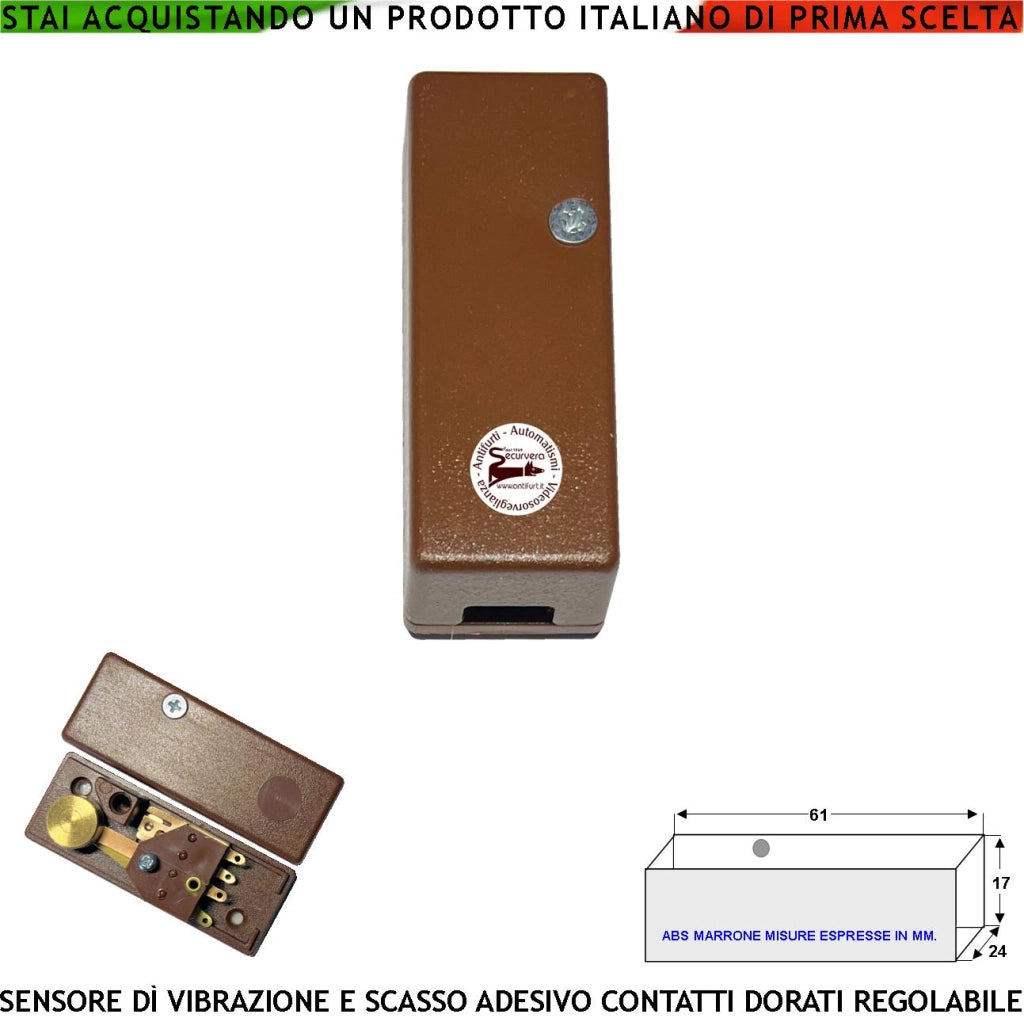 Rilevatore di Vibrazioni Continue e Scasso Collegamento a Filo Per Antifurto Inferriate Porte Vetrate Infissi Martelletto Regolabile Contatto Allarme NC Tamper Contenitore Adesivo ABS Marrone IP30