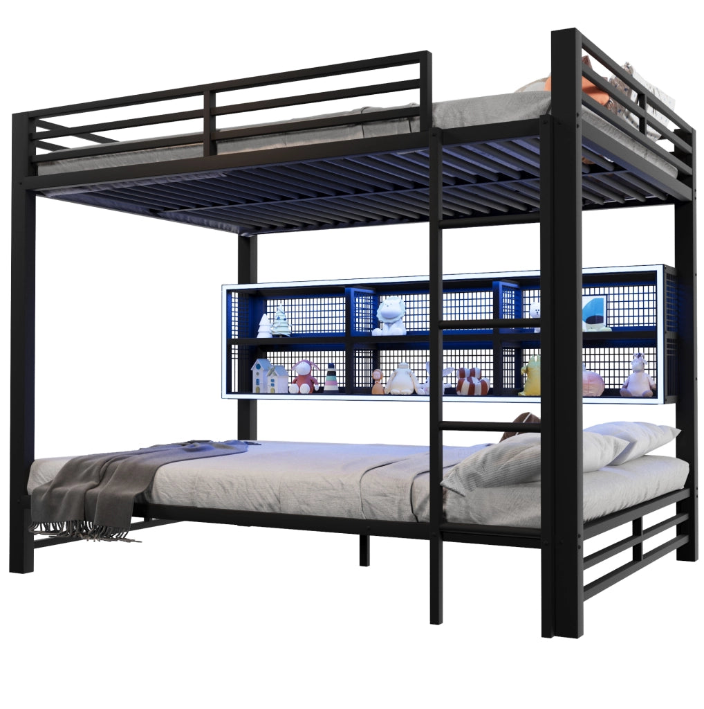 Letto a castello 140x200 cm in metallo con armadietti e luce LED, nero