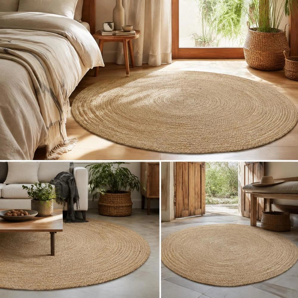 Round Jute Braided Rug 150 Cm, Natural Woven Floor Carpet For Living Room Bedroom Dining Area, Boho Farmhouse Home Decor