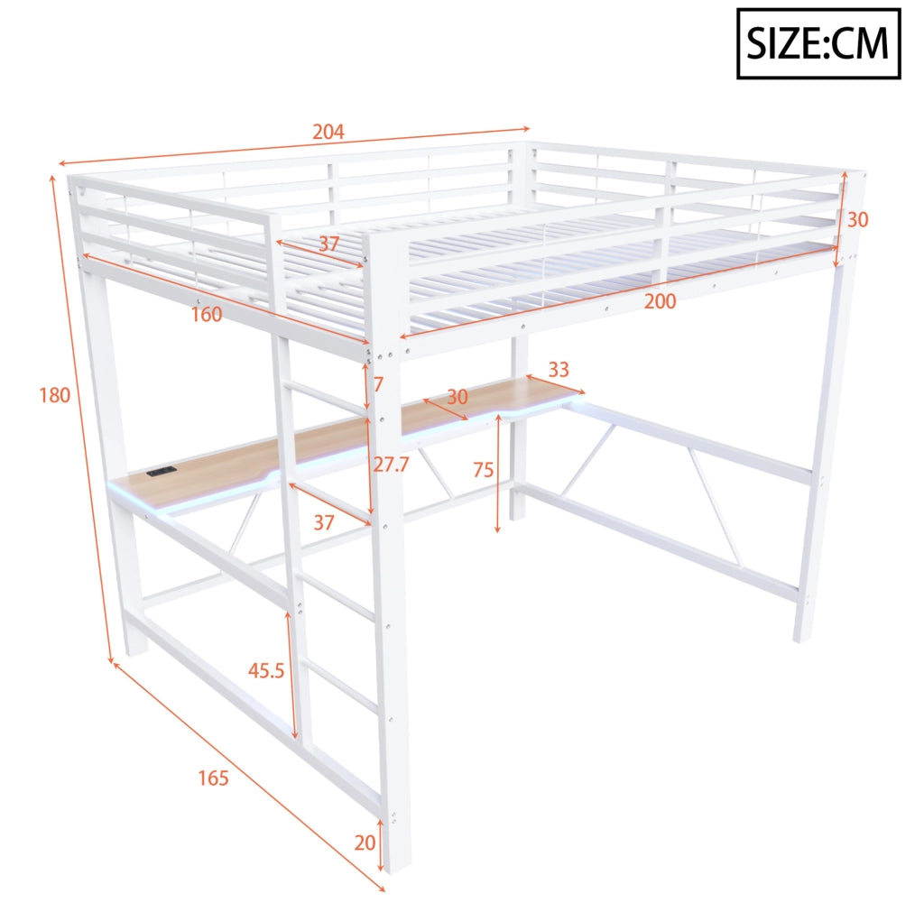 Letto a soppalco 160x200 cm in metallo con scrivania, LED e USB, bianco