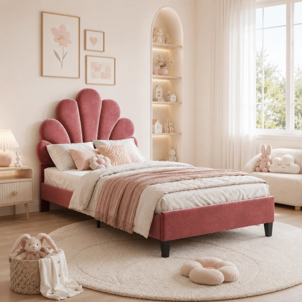 Letto singolo 90x200 cm imbottito velluto rosa, testiera a forma di fiore, struttura con doghe in legno, portata 200 kg, letto moderno per camera da letto bambini