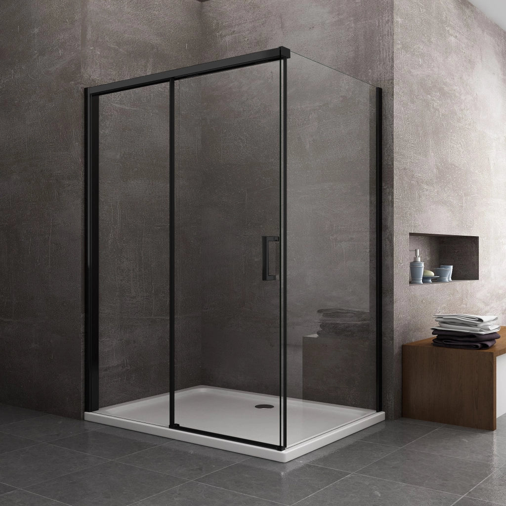Box Doccia Ad Angolo Con Parete Fissa Laterale e Porta Frontale Con Chiusura Soft Close Ammortizzata H 200 8 MM Telaio Nero Opaco Cm 75 (73-75) x 170 (167-170)