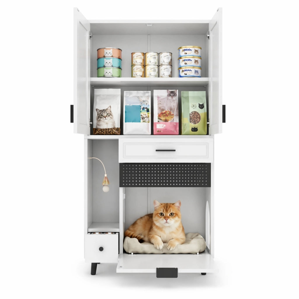 Mobile contenitore per gatti 80x40x161 cm con cassetti e vano cuccia; bianco
