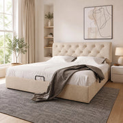 Letto matrimoniale con contenitore 140x200 cm con testiera regolabile e rete in metallo, struttura in legno e lino colore naturale, senza materasso