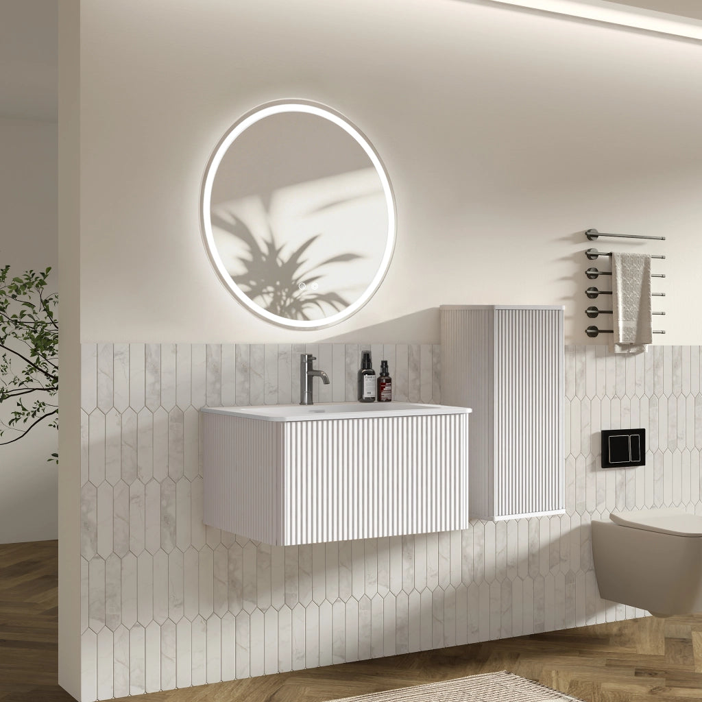 Set mobile bagno bianco con lavabo, specchio LED e colonna laterale