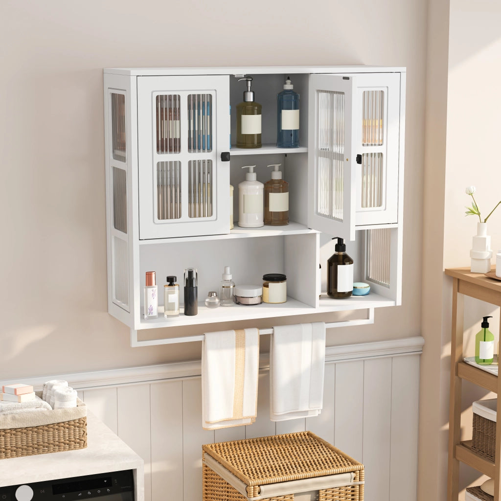 Pensile da bagno con 3 ante; 1 vano a giorno e portasciugamani; per bagno; in MDF e vetro; 88 × 26 × 82.5 cm; bianco