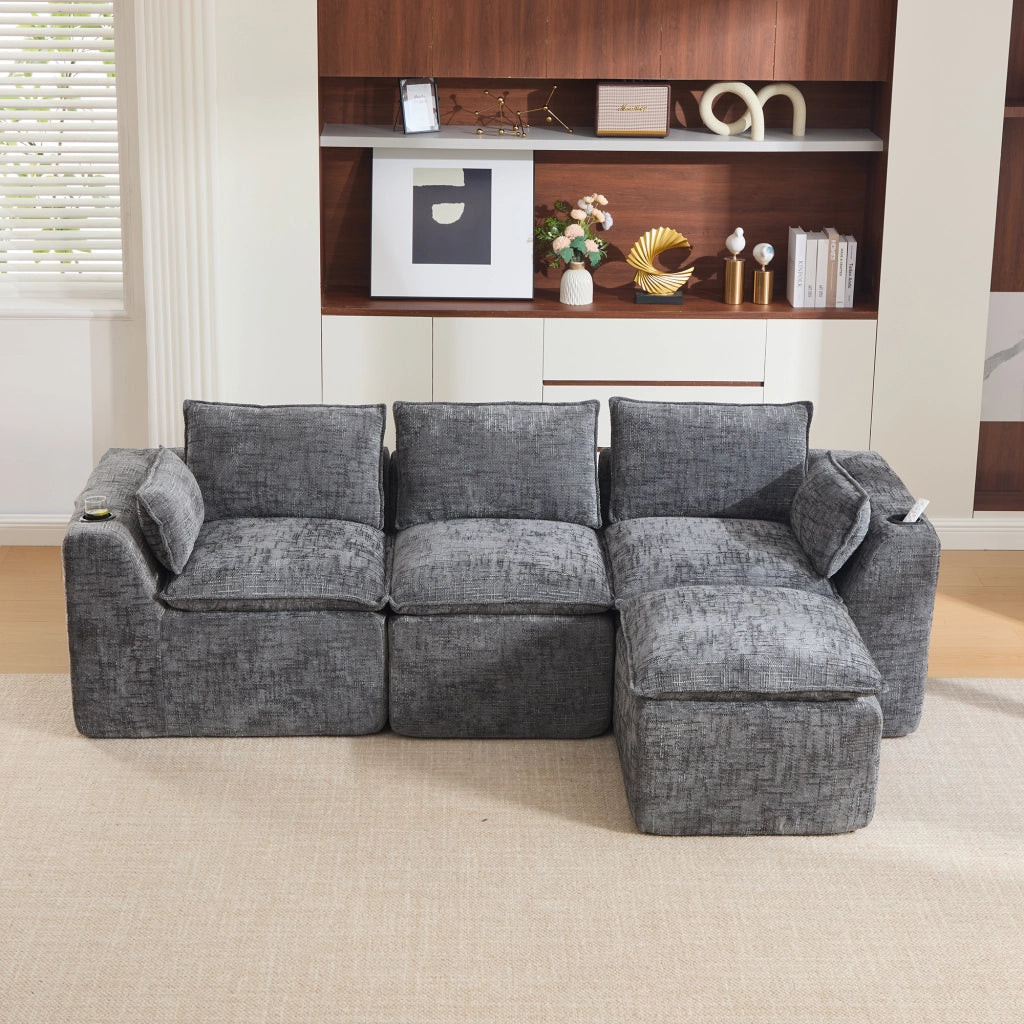 Divano modulare in ciniglia grigio scuro con tasche laterali cuscini e pouf 256 × 161 × 75 cm