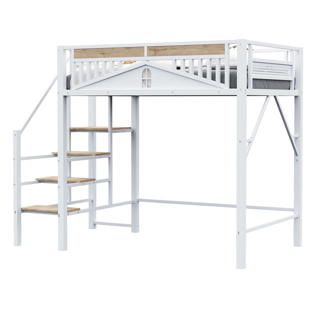 Letto a Soppalco in Metallo con Scala ¨C MINIMAL ¨C Bianco 140x200