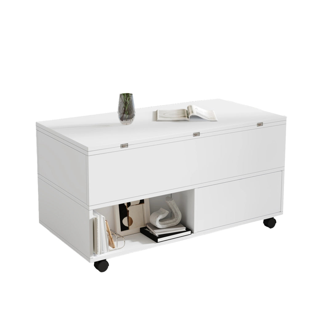 TAVOLINO Alzabile 100x50x52 cm Bianco con Ruote e 4 Cassetti