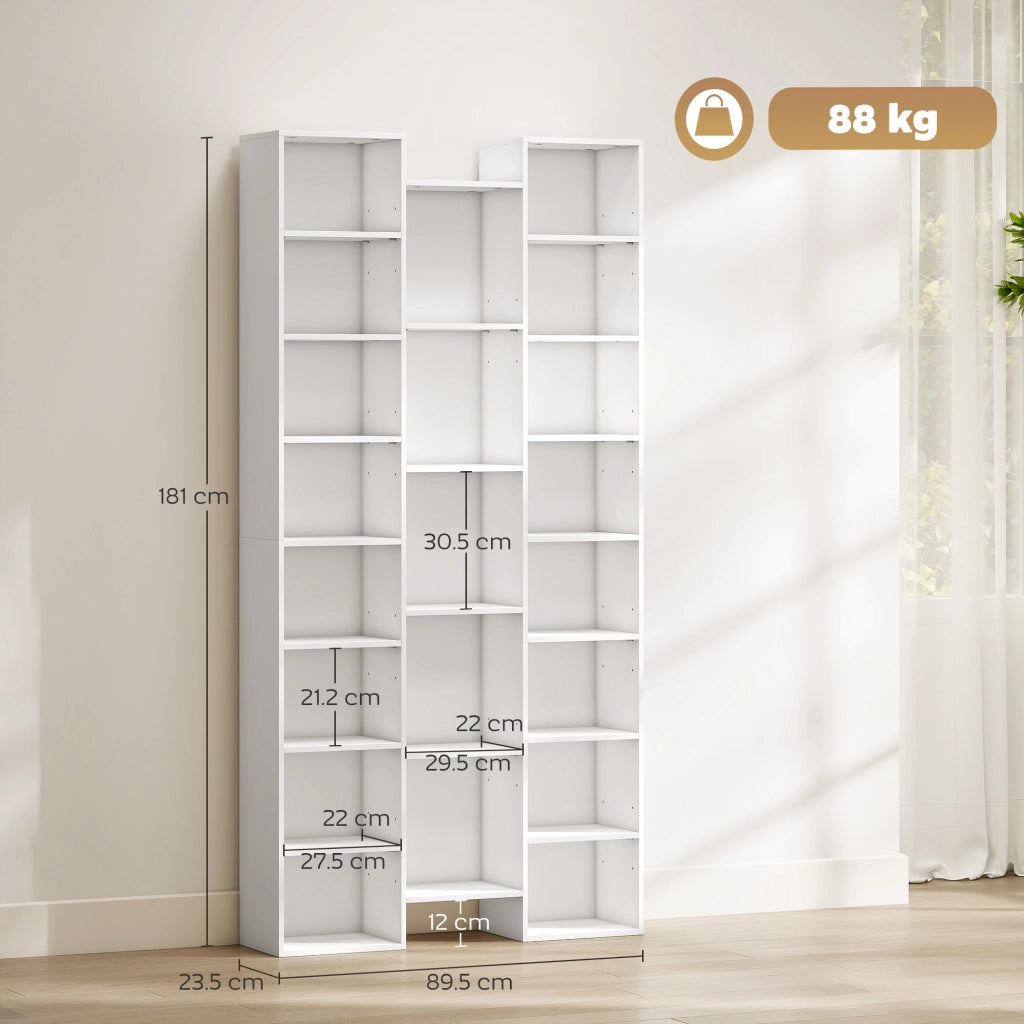 Libreria moderna in legno bianco alta 181 cm con 21 scomparti e 10 ripiani regolabili, pratica per casa