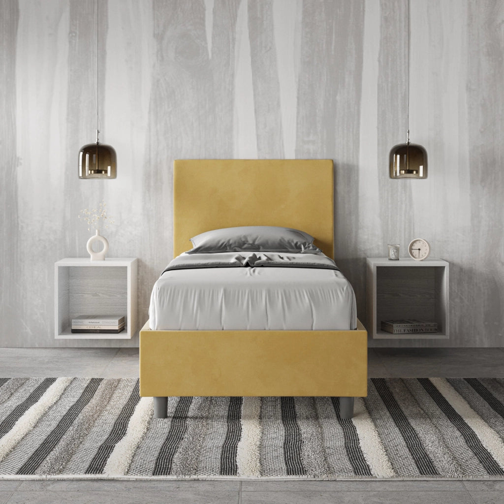 BS COM Letto singolo contenitore imbottito 90x210 microfibra ocra
