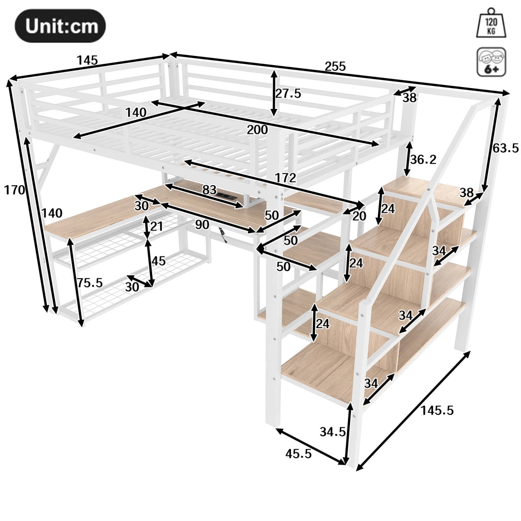 Letto castello 140x200 ferro ripiani scala ringhiere LED scrivania USB bianco
