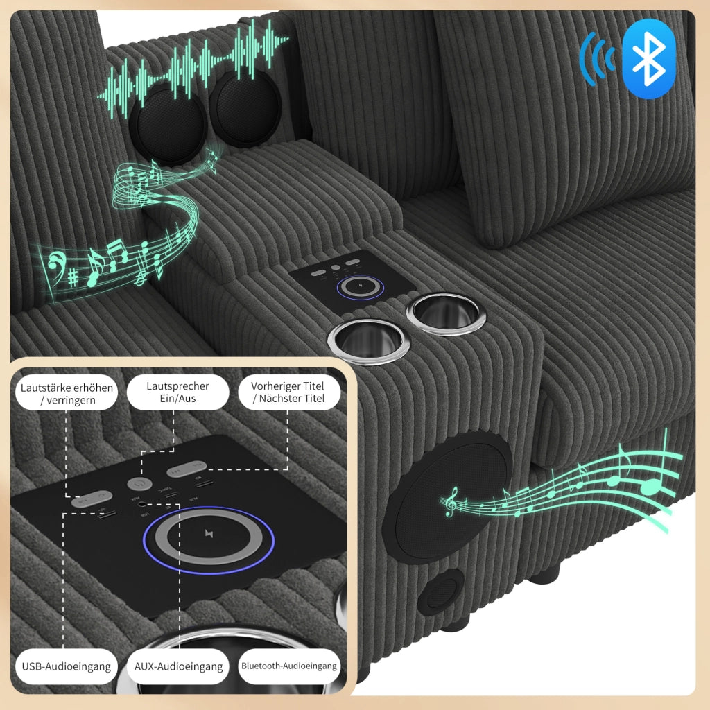 Divano modulare in velluto a coste con console Bluetooth; ricarica wireless USB/Type-C; grigio