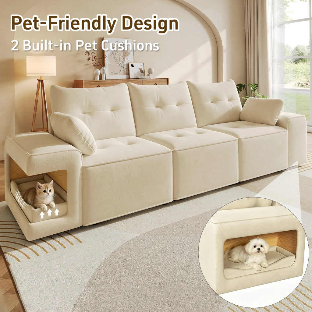 Divano modulare 3 posti con vani contenitore e nicchie imbottite per animali in velluto beige con 2 cuscini