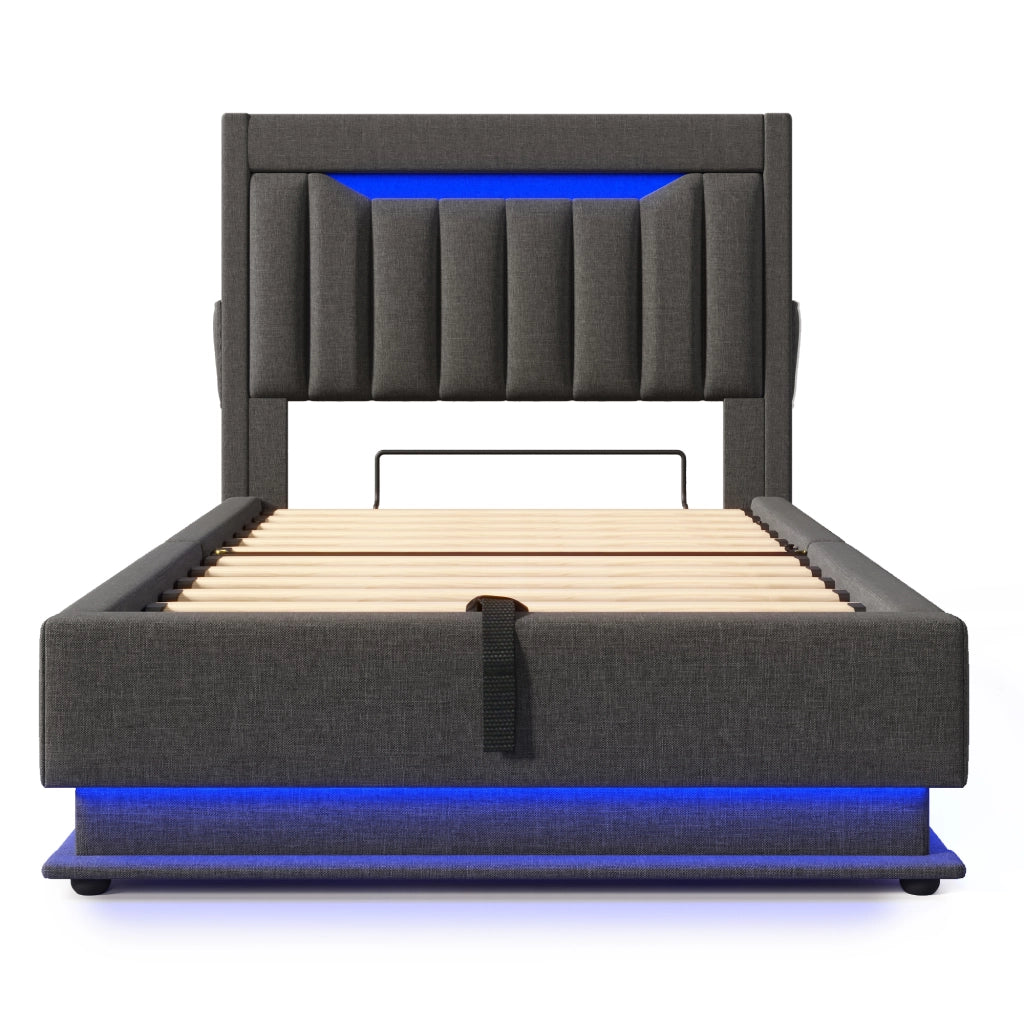 Letto singolo 90x200 cm grigio con contenitore e luci LED