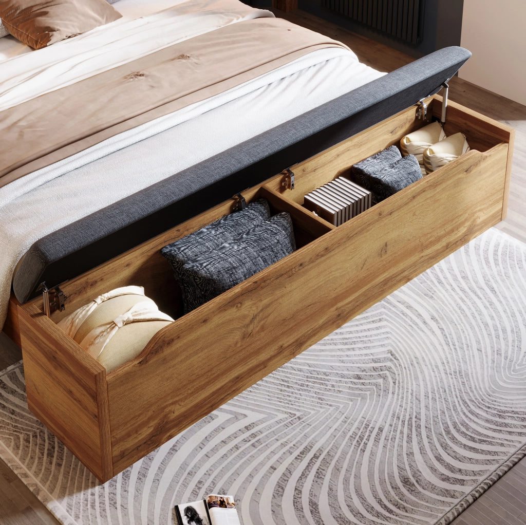 Letto matrimoniale 160x200 cm in legno con testiera reclinabile in lino, comodini, panca contenitore e lampade da lettura USB, colore rovere
