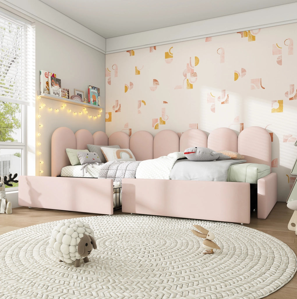 Letto singolo 90x190 cm con 2 cassetti; velluto rosa