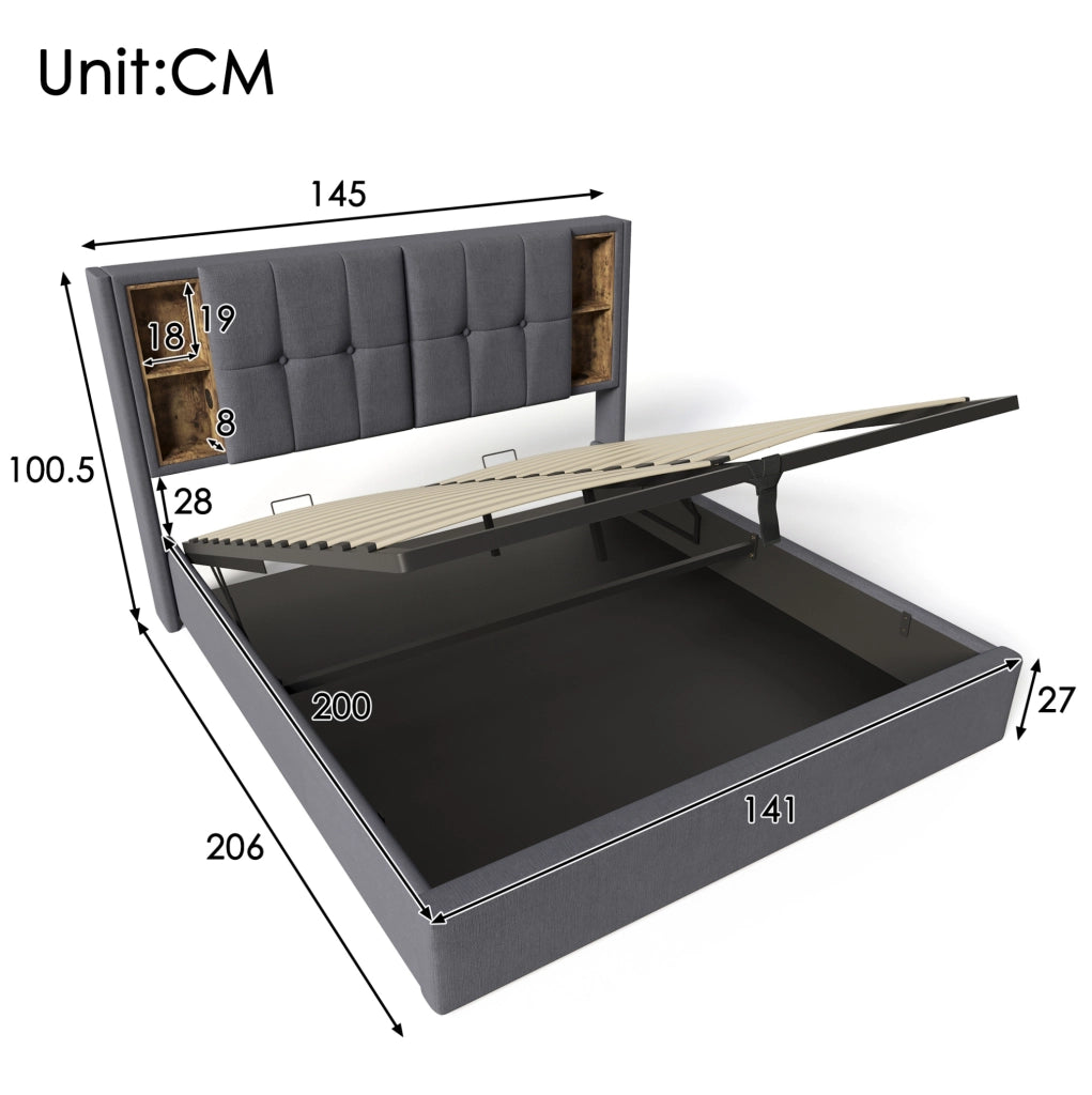 Letto imbottito 140x200 cm grigio con ricarica wireless, USB-C e vano contenitore