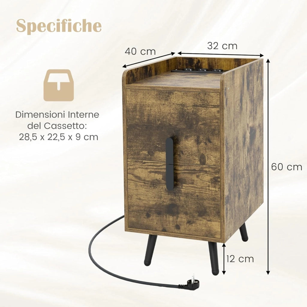 Comodino con Stazione di Ricarica, Comodino con 2 Cassetti, 2 Porte USB e 3 Prese, Tavolino Leterale con Gambe in Metallo, Portata Tolate 20 kg, 32 x 40 x 60 cm (2, Caffè)