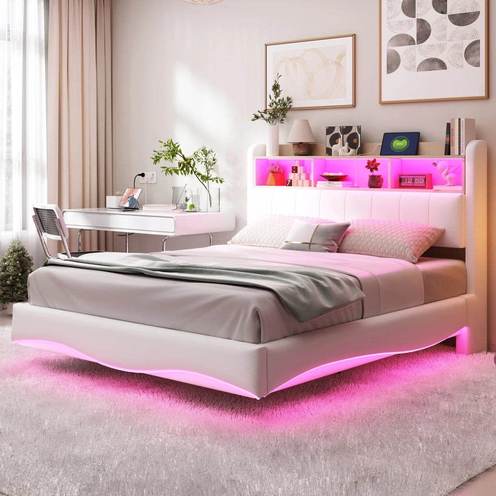 Letto matrimoniale imbottito sospeso 140 × 200 cm con LED USB e tipo C beige in tessuto e metallo