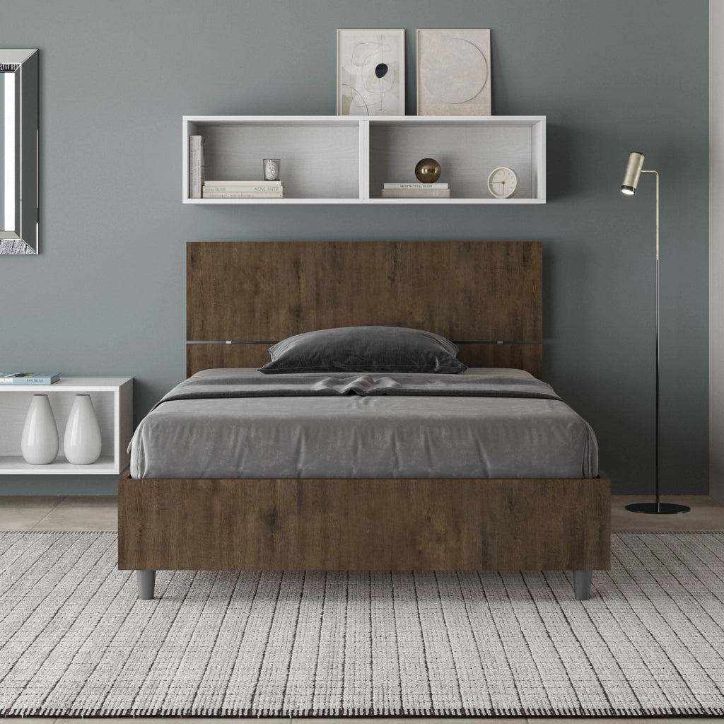 Letto 1 Piazza e Mezzo 120x190 cm con Rete e Contenitore Demas Testata Inclinata Noce