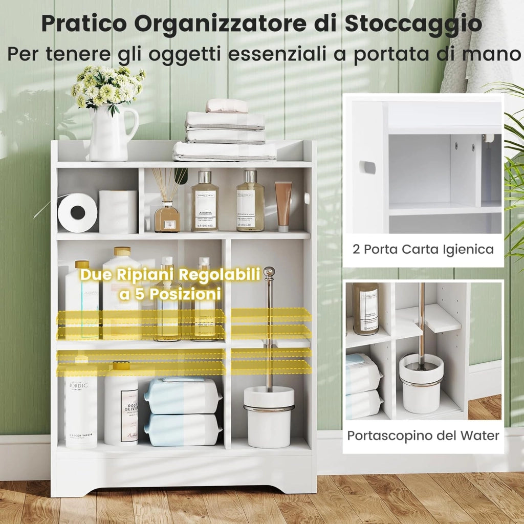 Mobile da Bagno, Armadietto Sottile con Porta Carta Igienica, Scomparto per Spazzolino e Ripiani Regolabili Accanto al WC, Armadio con Porta Scorrevole per Spazi Ridotti (Bianco)
