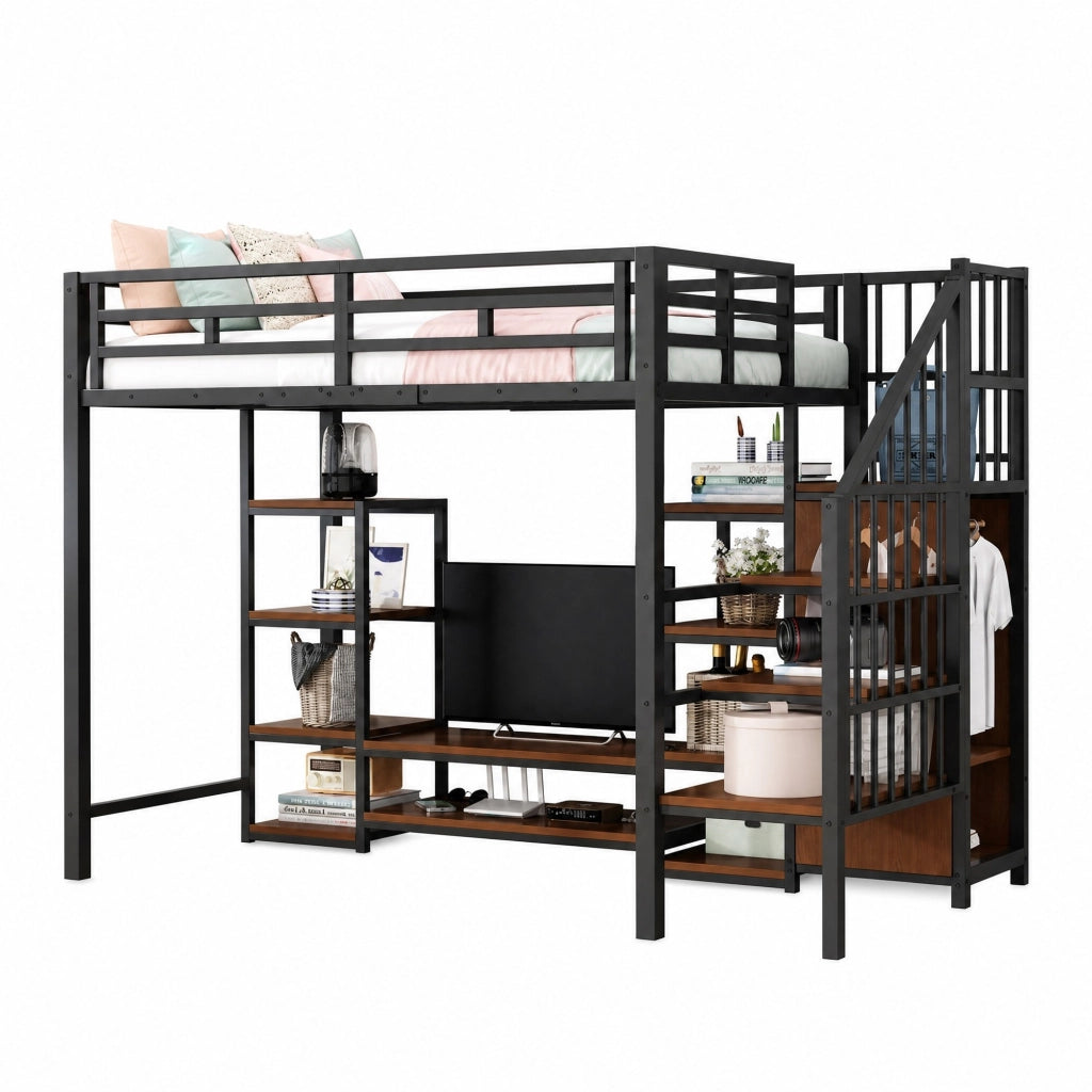 Letto a soppalco 90x200 cm nero con supporto TV e presa