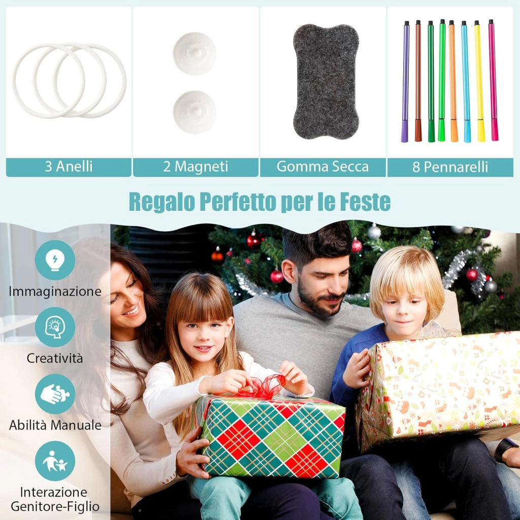 Tavolo da Disegno per Bambini con Sedia, Cavalletto Artistico con Lavagna Regolabile a 3 Livelli, Telescopio e Gioco dell'Anello, Cestino Portaoggetti 8 Pennarelli 3 Anelli 2 Magneti e Gomma