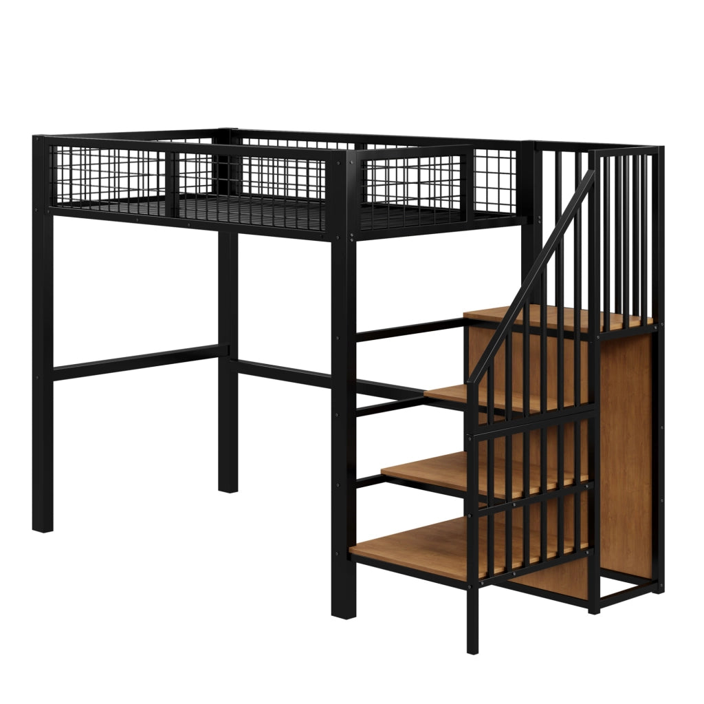 Letto a soppalco 90x200 in metallo con scala di sicurezza e armadio integrato