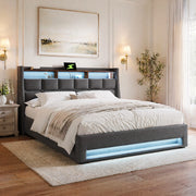 Letto imbottito 160x200 cm con LED, USB e contenitore, grigio