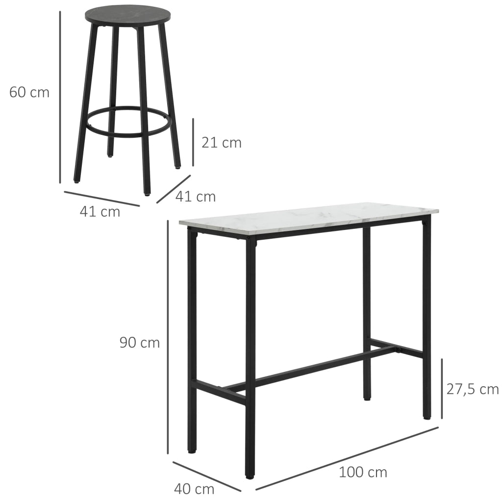 Set Tavolo Alto con 2 Sgabelli da Bar, 3 Pezzi, Acciaio, Bianco e Nero