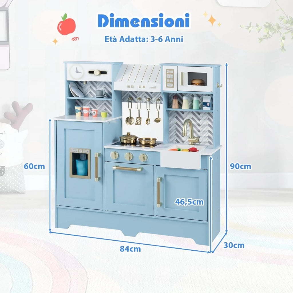 Cucina Giocattolo per Bambini, Cucina Legno per Bambini con Macchina per Ghiaccio, Caffettiera e Accessori, Gioco di Finzione per Piccoli Cuochi 3-6 Anni, 84 x 30 x 90 cm