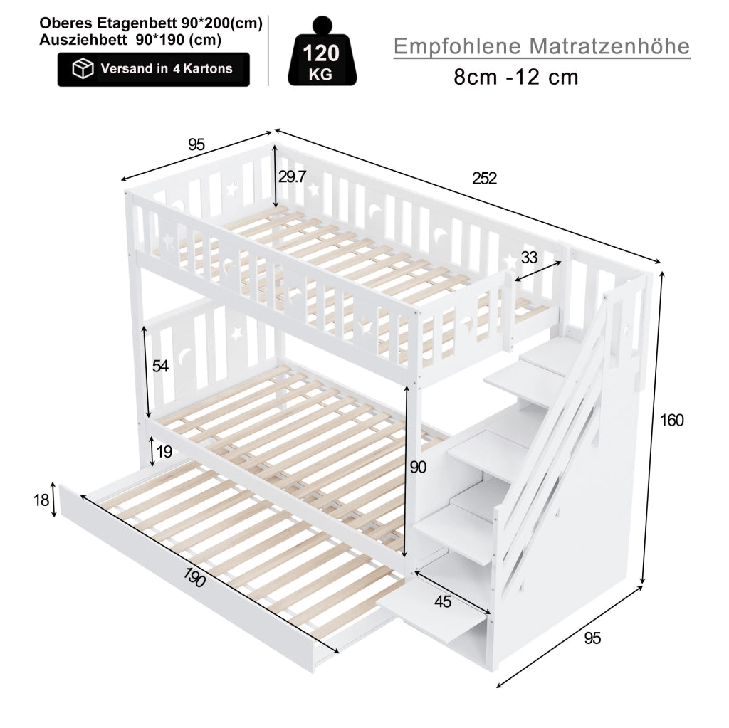 Letto a castello per bambini con letto estraibile e scala contenitore; 90x200 cm; bianco
