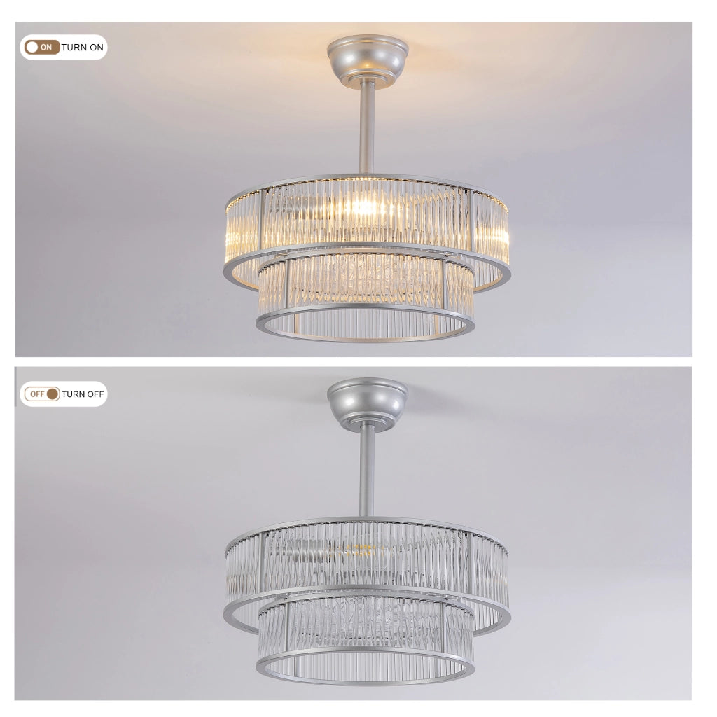Ventilatore da soffitto con luce a 4 portalampade E26. 6 velocità; app Bluetooth e telecomando; argento