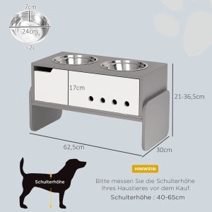 Stazione di alimentazione rialzata per cani con spazio di archiviazione e tappetino anti-ingozzamento, 2 ciotole in acciaio inox da 2000 ml, grigio