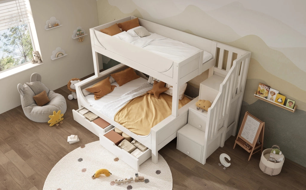 LETTO a castello con armadio scala e cassetti 90x200/140x200 cm bianco