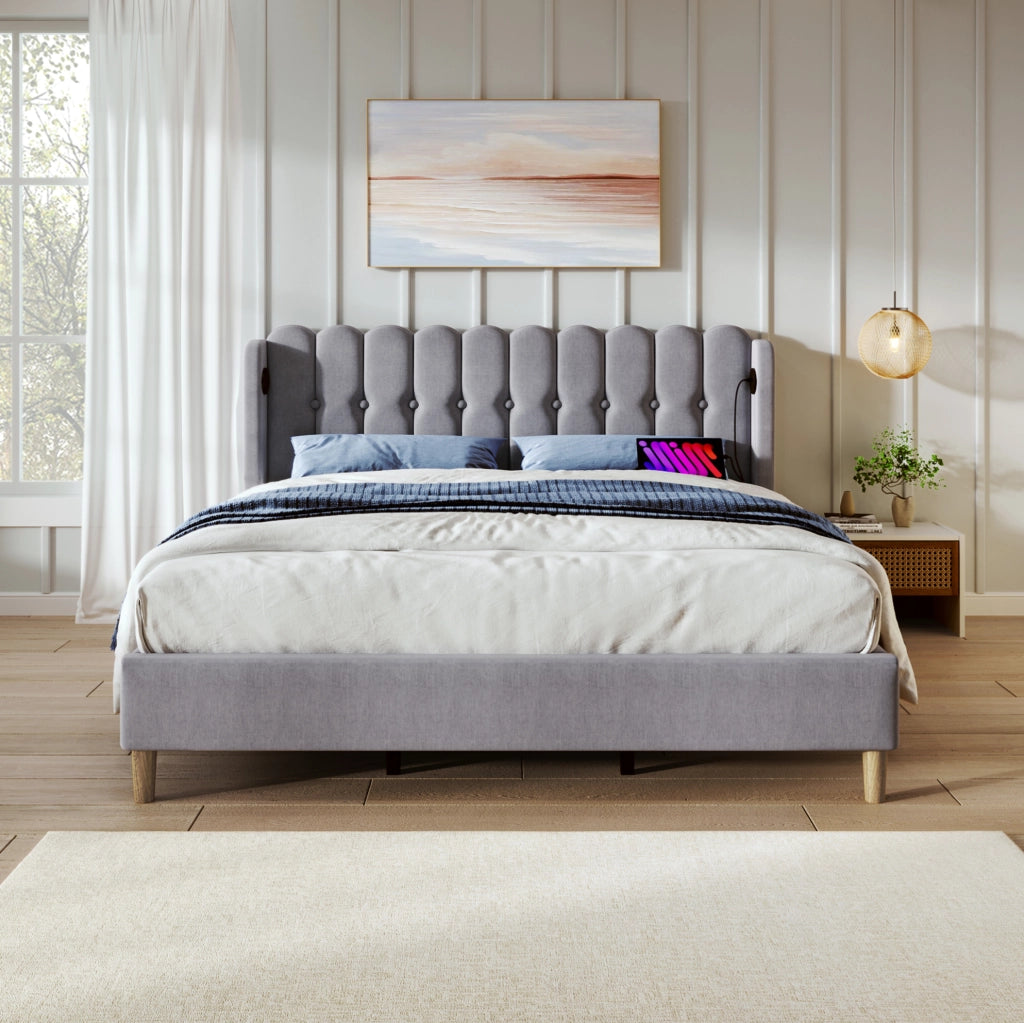 Letto imbottito grigio 180x200 cm con ricarica USB e Type-C