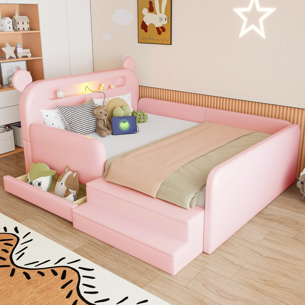 Letto imbottito per bambini 140x200 cm con testiera a orsetto; luce notturna USB e vano rosa