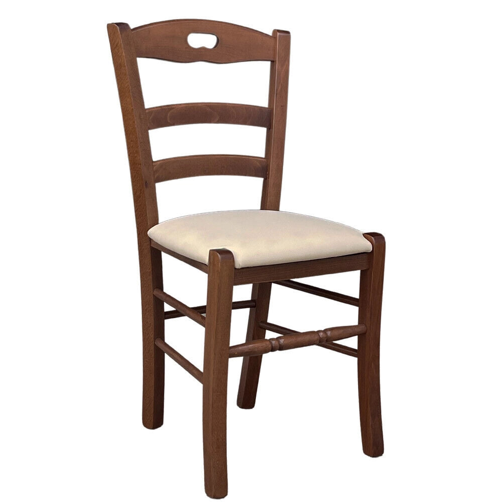 Sedia in legno Loris noce scuro con seduta imbottita in similpelle beige